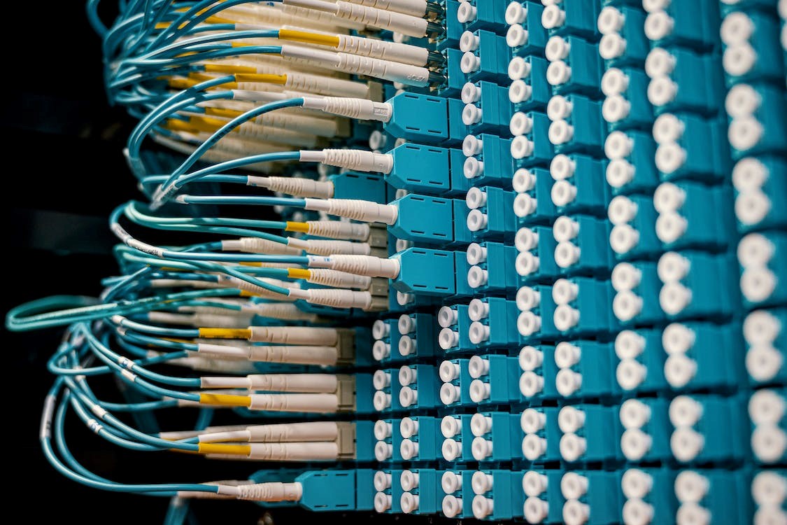 Integrated blue network cables with white ports.